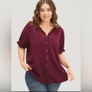 Solid Lace Trim Button Up Laser Cut Puff Sleeve Blouse